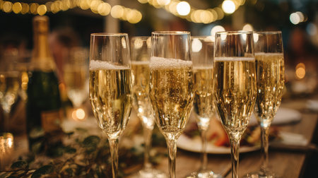 Champagne flutes placed in a triangle, tilted together over a festive party sceneの素材