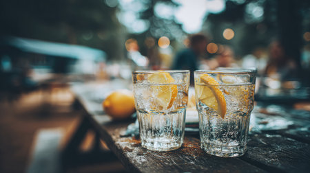 Chilled water glasses with lemon slices mid-toast on outdoor picnic tableの素材