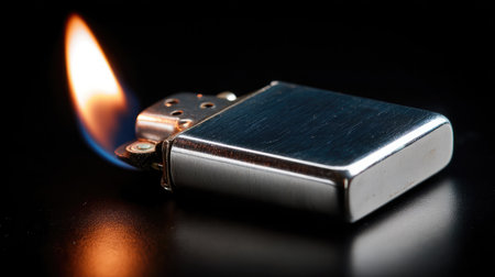 Close-up of a butane lighter igniting with visible flame against a black backdropの素材