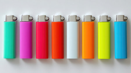 Disposable plastic lighters in various colors arranged in a neat row on white backgroundの素材