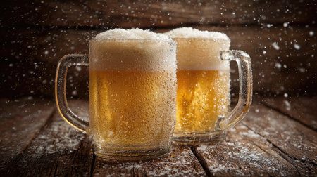 Frosty beer mugs staged on wooden table in mid-cheers angle with condensation detailの素材