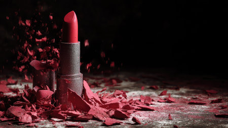 Crushed lipstick forming artistic shape beside standing open lipstick stickの素材