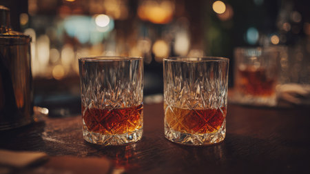 Crystal tumblers filled with whiskey touching at the rims above a dark wooden bar surfaceの素材