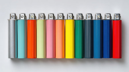Disposable plastic lighters in various colors arranged in a neat row on white backgroundの素材