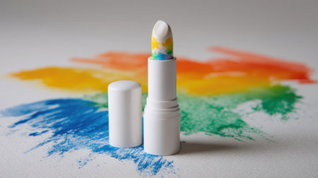 Horizontal lipstick stick with cap beside, set on white with colored smear behindの素材