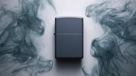 High-angle view of a matte black lighter surrounded by smoke trailsの素材