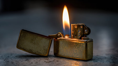 Isolated lighter with its lid flipped open and flame gently litの素材
