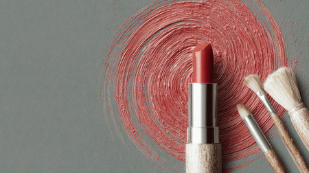 Lipstick stick surrounded by soft makeup brushes and powder swirlsの素材
