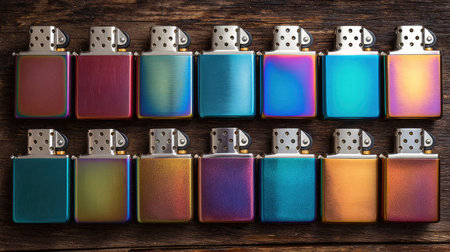Overhead shot of colorful lighters arranged in parallel lines on woodの素材