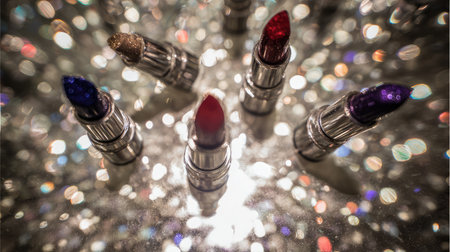 Top-down of opened lipstick sticks scattered across a mirrored surface with light flaresの素材