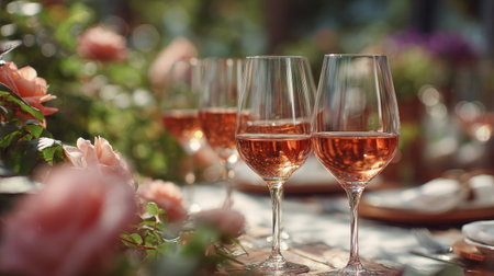 Ros wine glasses in toast position with garden party background bokehの素材