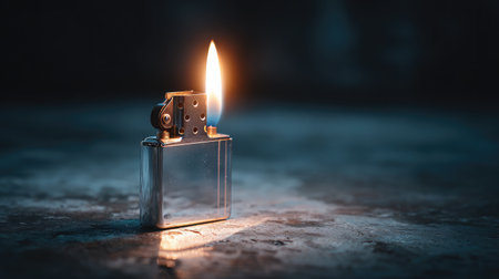 Side view of a standing lighter on glossy ceramic surface with flame litの素材