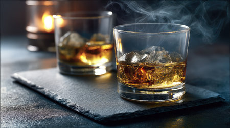 Whiskey glasses clinking above a slate coaster with subtle smoke and golden lightの素材