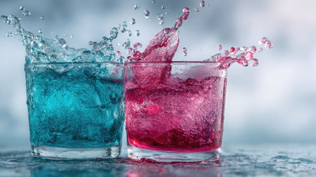 Soft focus image of two crystal glasses colliding with splashing liquid caught mid-airの素材