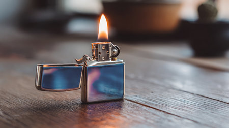 Side view of a standing lighter on glossy ceramic surface with flame litの素材