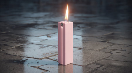 Side view of a standing lighter on glossy ceramic surface with flame litの素材