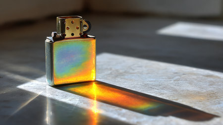 Transparent lighter standing on edge casting a colored light reflectionの素材