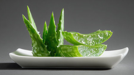 Aloe vera leaf with glistening gel cut open and styled on white ceramic plateの素材