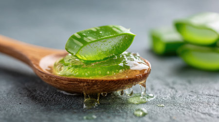 Aloe vera slice being squeezed with clear gel dripping onto a wooden spoonの素材