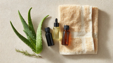 Clean skincare arrangement with aloe vera leaves, serum bottles, and washclothの素材