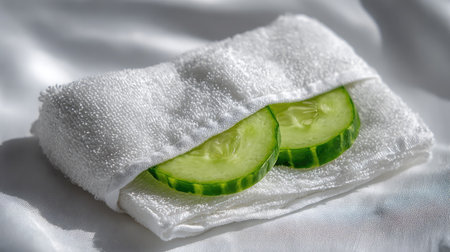 Close-up of cucumber eye blindfold on a cotton pad background with gentle shadowsの素材