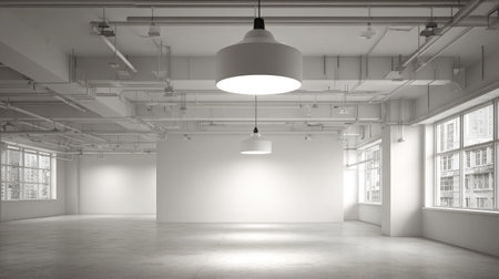 High-ceilinged empty room with projector overhead and matte wall surface for visualsの素材