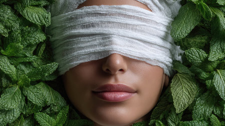 Eye treatment concept with a gel cucumber blindfold on a bed of mint leavesの素材