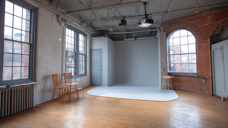 Empty creative studio featuring a mounted projector and matte wallの素材