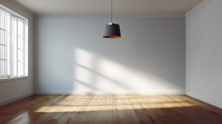 Functional blank room with polished floor and projector hanging from the ceilingの素材