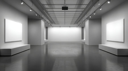 Minimalist interior showing a mounted projector on ceiling facing a clean projection screenの素材
