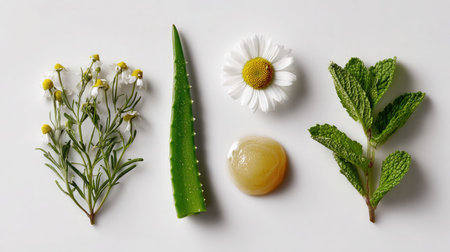 Natural remedy layout featuring aloe vera gel, mint, and chamomile flowersの素材