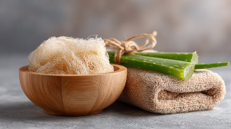 Natural skincare ingredients including aloe vera gel in a wooden bowl and loofah spongeの素材