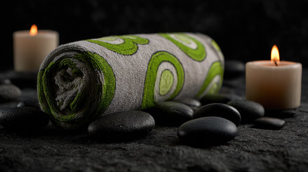 Rolled towel and blindfold with cucumber pattern next to smooth pebbles and a burning candleの素材