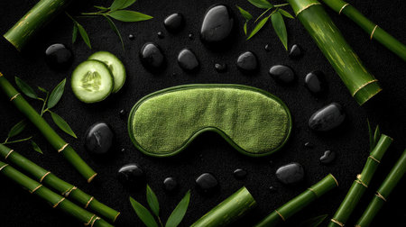 Zen-style image with cucumber eye mask, black stones, and green bambooの素材