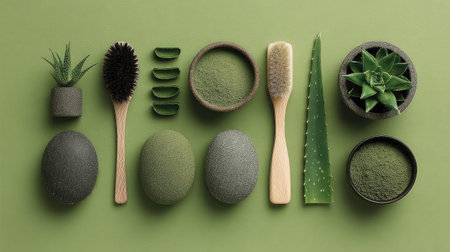 Wellness composition with green-themed spa tools and aloe vera accentsの素材