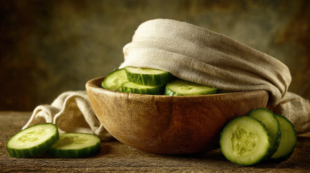 Organic-style photo with fresh sliced cucumbers and blindfold on a wooden tableの素材