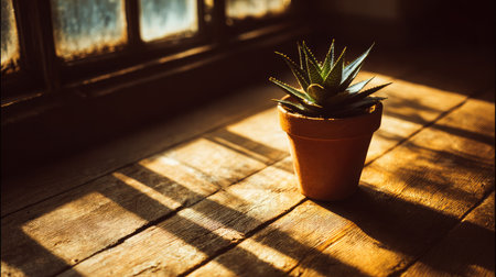 Small potted aloe vera plant on natural wooden table with daylight shadowsの素材