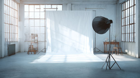 Wide view of open space with overhead projector and clean white backdropの素材