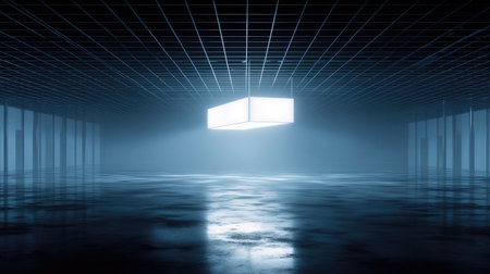 Unfurnished media room with projector hanging from dark ceiling gridの素材