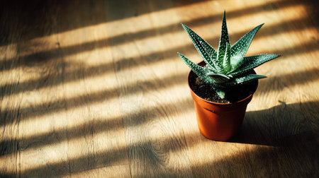 Small potted aloe vera plant on natural wooden table with daylight shadowsの素材
