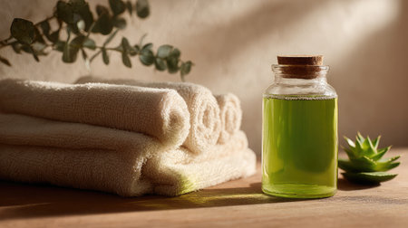 Transparent jar of aloe gel placed next to rolled white towels and soft lightingの素材