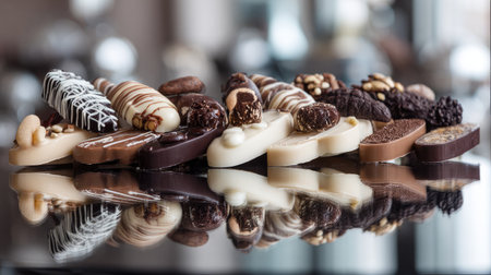 Assorted chocolate pralines in different designs placed in rows on a mirror surfaceの素材