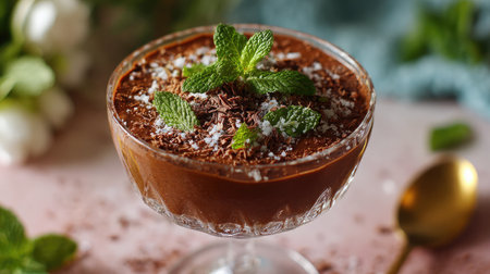 Chocolate mousse in elegant glass dish with grated chocolate and mint leaves on topの素材
