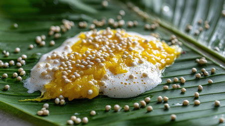 Close-up of mango sticky rice topped with golden mung beans and coconut cream on a banana leafの素材