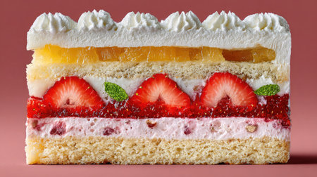 Cross-section of a strawberry layer cake showing sponge, cream, and fruit layersの素材