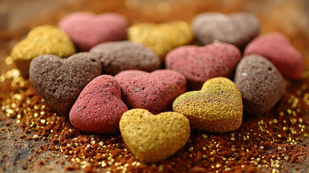 Assorted chocolate shapes arranged in a heart shape with golden dust and cocoa backgroundの素材