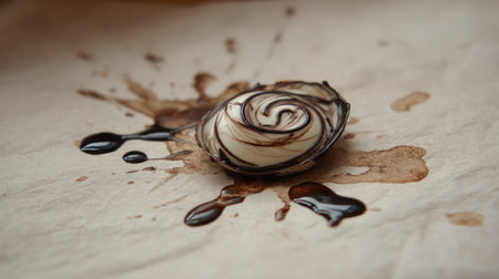 Artistic swirl of white and dark chocolate on parchment paper with cocoa splashesの素材