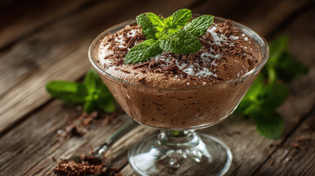 Chocolate mousse in elegant glass dish with grated chocolate and mint leaves on topの素材
