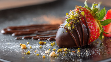 Close-up of chocolate-covered strawberry resting on a dark plate with fine crumbsの素材