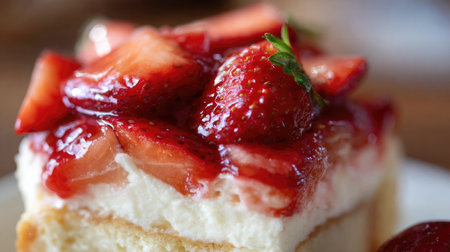 Close-up of strawberry topping with glaze reflecting light on top of a creamy cakeの素材